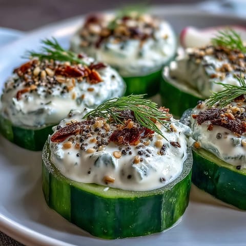Viral cucumber salad with cream cheese dressing, showered in everything bagel seasoning.