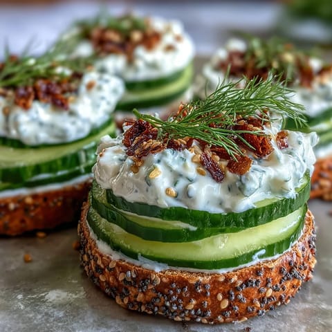 Creamy, tangy viral cucumber salad topped with crunchy everything bagel seasoning for snacking.