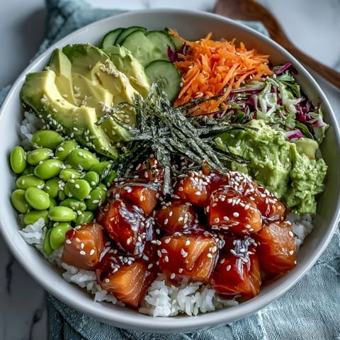 Fresh hawaiian salmon poke bowl, a colorful and healthy weeknight meal.