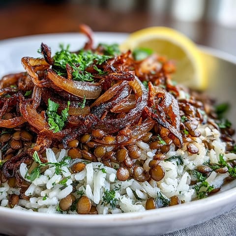 Levantine Mujadara, a hearty dish of lentils, rice, topped with golden crispy onions.