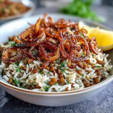 Fluffy Levantine Mujadara recipe with tender lentils and crunchy fried shallots.