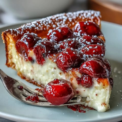 Fresh cherry clafoutis, golden baked with juicy cherries and vanilla custard.