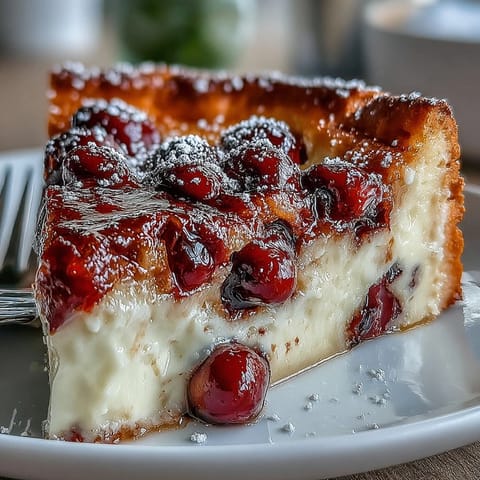 Rustic baked cherry clafoutis, dotted with fresh fruit, ready for dusting.