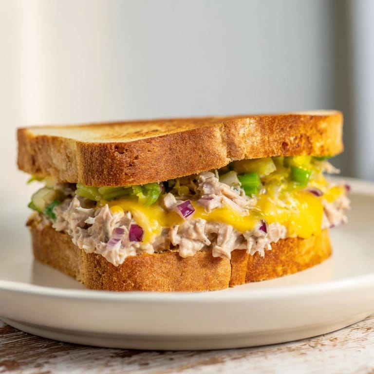 A close-up of a perfectly grilled Classic Tuna Melt Sandwich with melted cheddar, ready to eat.