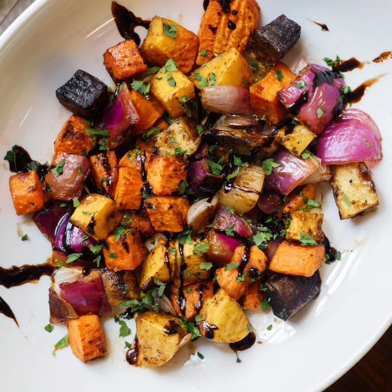 A close-up of a vibrant roasted root vegetable medley, drizzled with sweet balsamic glaze.