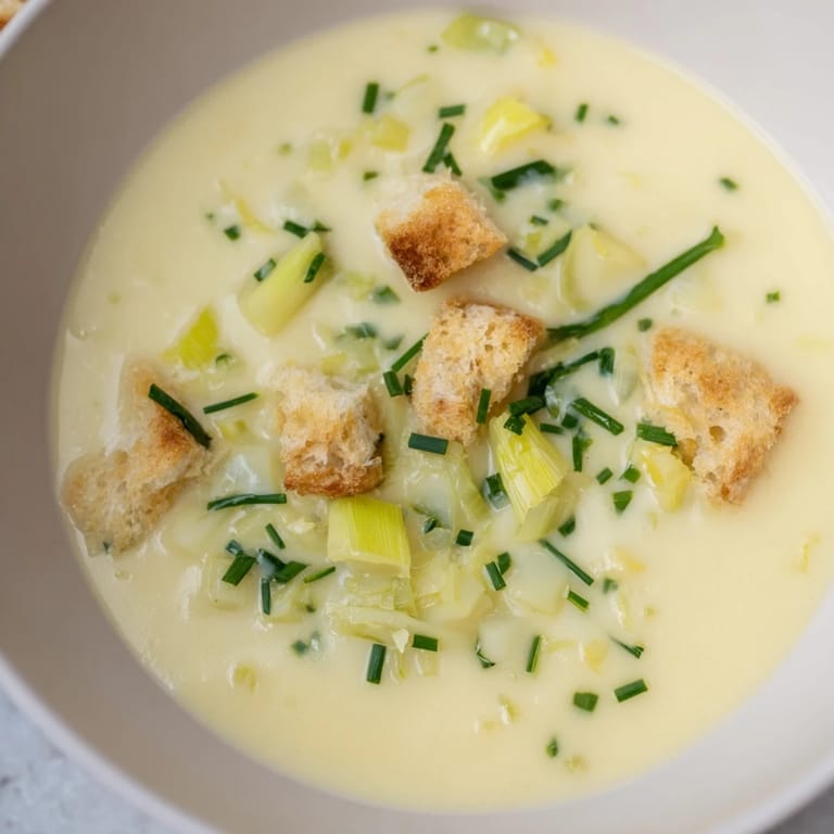 Homemade Quick & Simple Potato and Leek Soup, steaming hot, ready to savor on a chilly evening.