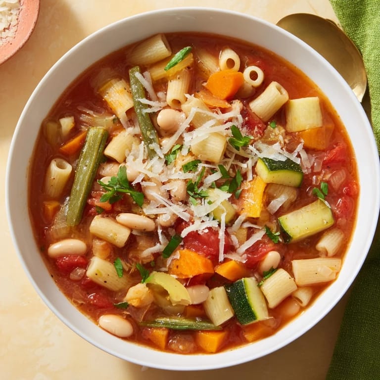 Close-up shot shows a hearty serving of Simple One-Pot Minestrone Soup; a comforting Italian meal.