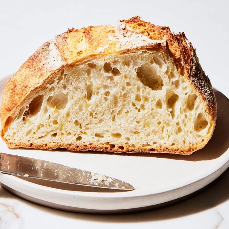 Close-up on the airy interior of a freshly baked The Best Easy No-Knead Bread loaf, beautifully textured.