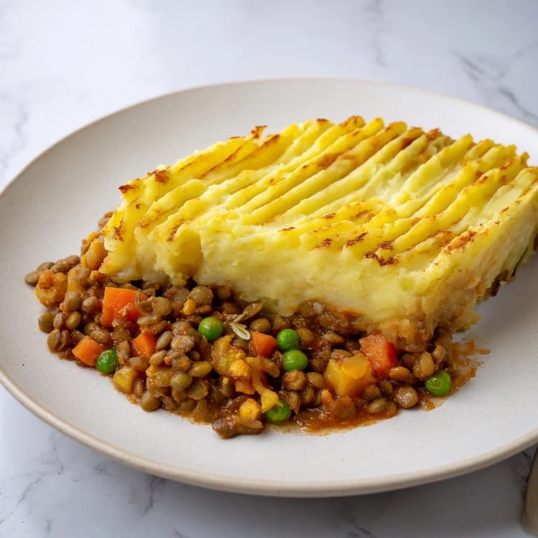 Savory lentil filling under fluffy mashed potatoes creates this delicious Hearty Lentil Shepherds Pie.