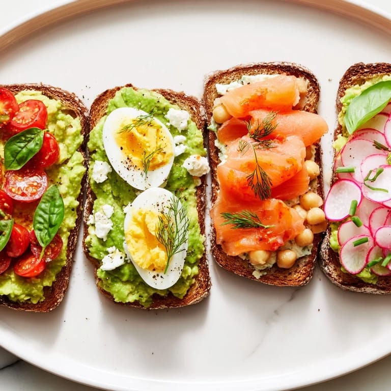 Close-up of four beautiful avocado toast varieties, each bursting with different tasty flavors.
