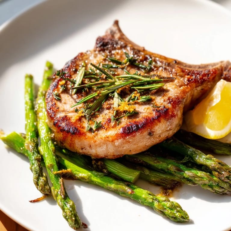 Juicy One-Pan Lemon Herb Pork Chops with roasted asparagus, ready to serve with fresh lemon wedges.