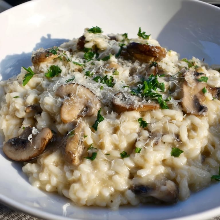 A close-up of finished stove-top creamy risotto, rich and swirled with grated Parmesan cheese.