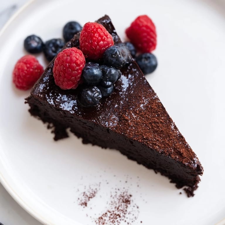 View of a glossy, rich decadent flourless chocolate cake, perfect for a gluten-free dessert option.