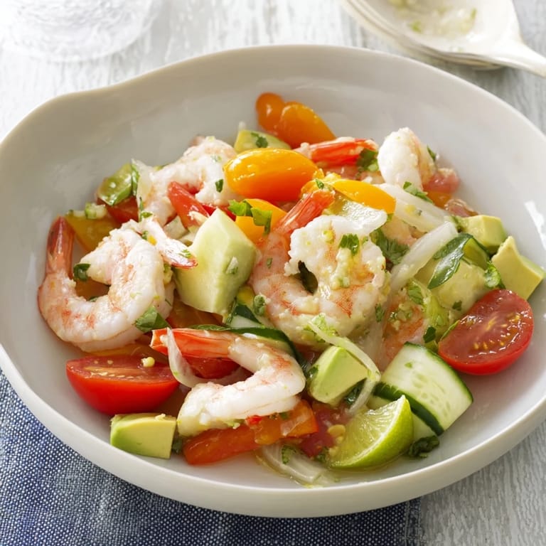 Look at this beautiful bowl of Light & Fresh Shrimp Ceviche with lime wedges, perfect for sharing.