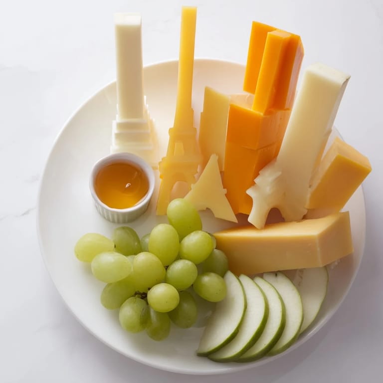 A colorful cheese Skyline Silhouette appetizer features meticulously cut cheese buildings with grapes and apple alongside.