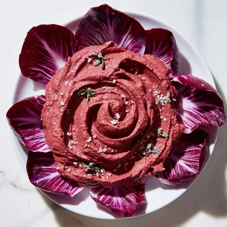 Artfully swirled beet hummus, "The Velvet Rose," is a beautiful vegan treat ready to be enjoyed.