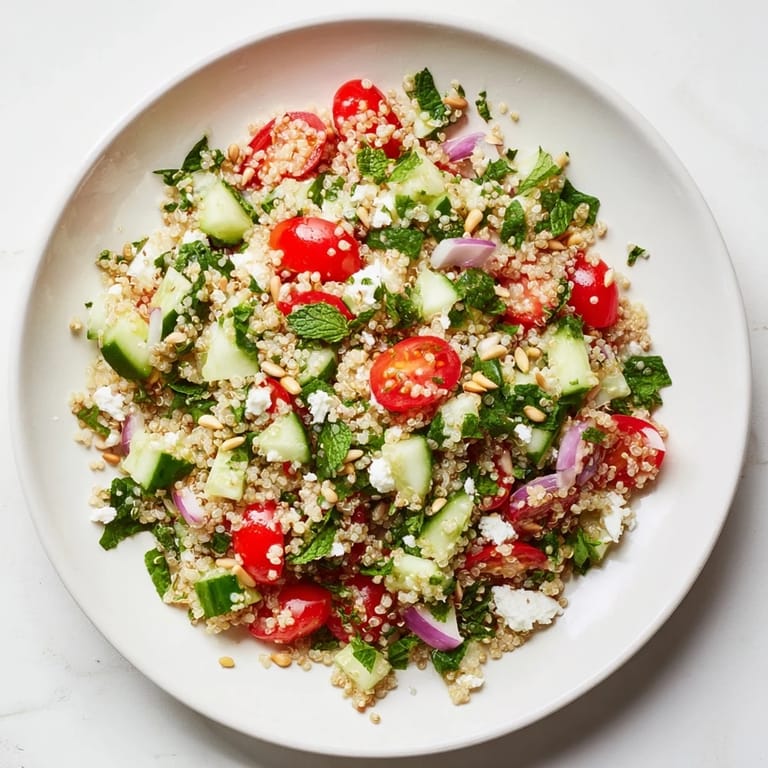 A large bowl displays a refreshing Make-Ahead Quinoa Salad, the lemon vinaigrette glistening over all the ingredients.