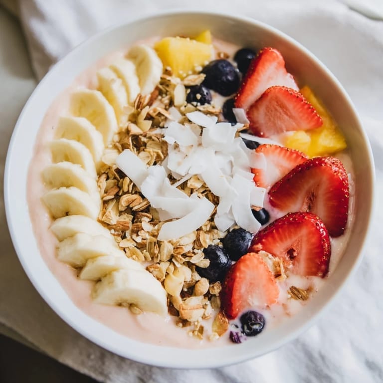 A creamy and refreshing Breakfast Smoothie Pack, blended smooth with toppings like granola and coconut.