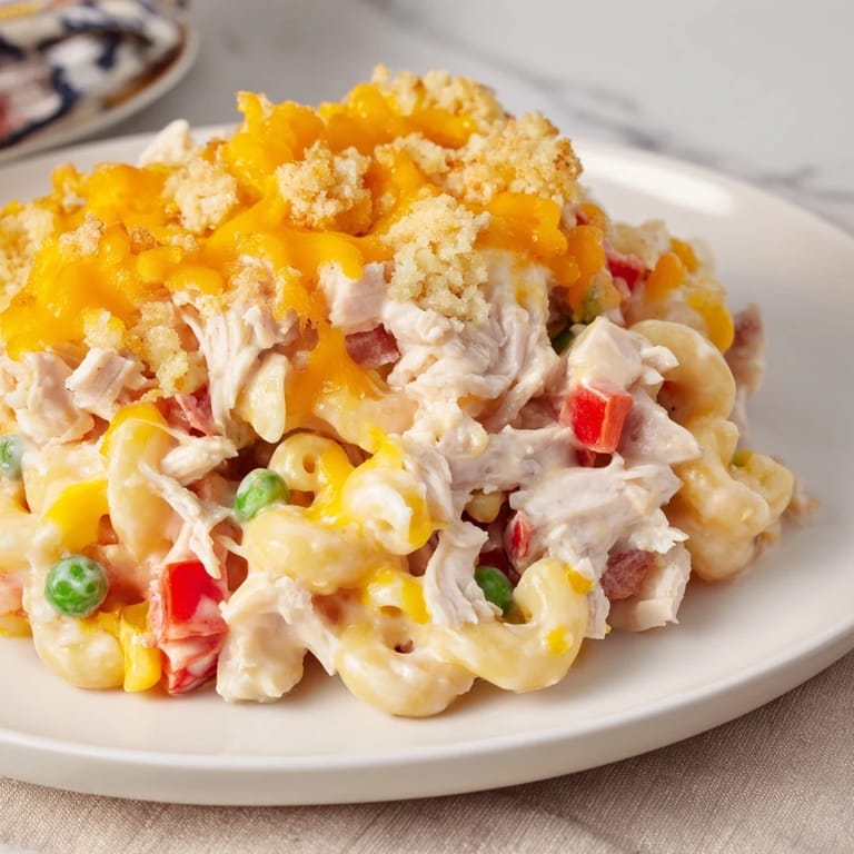 A generous serving of Chicken Macaroni Southern Style, showcasing tender chicken amidst a creamy sauce and macaroni.