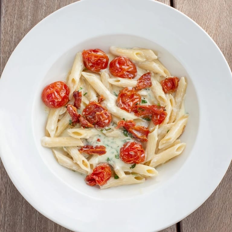 Perfectly cooked Boursin cheese pasta, with fresh basil and juicy, roasted cherry tomatoes.