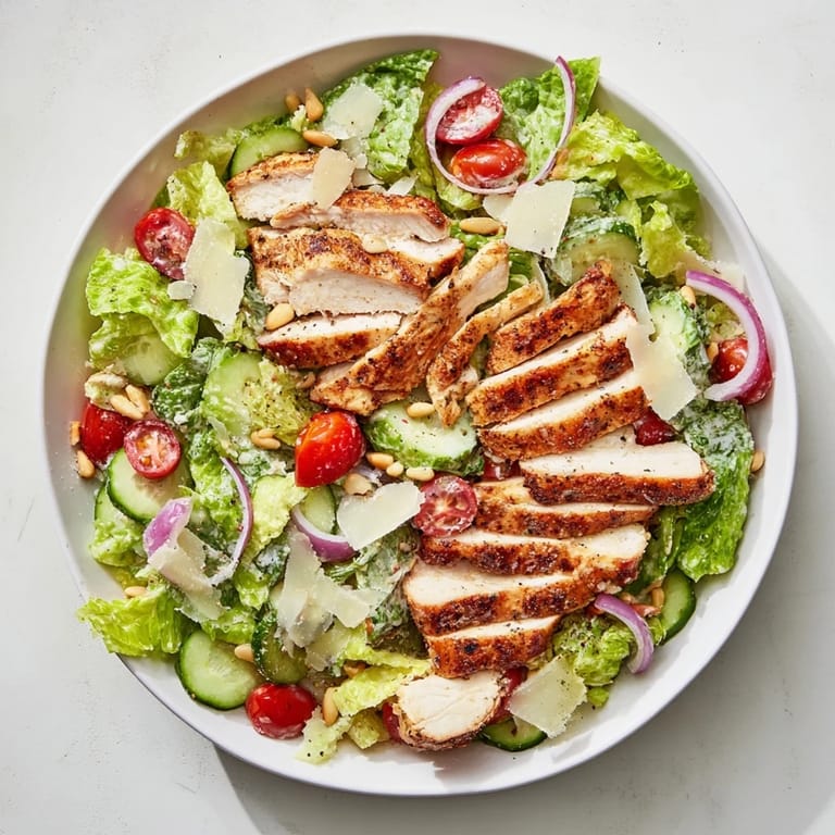 A close-up of a Chicken Caesar Pasta-less Bowl displaying juicy chicken atop crisp romaine, drizzled dressing.
