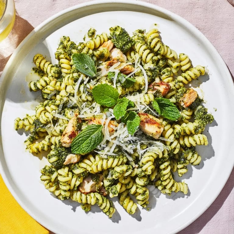 Tender shredded chicken blends with pesto in this quick 10-Minute Pesto Pasta dish.