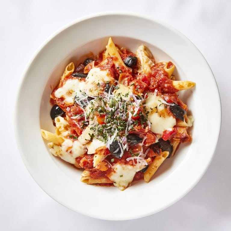 Vibrant photo of a delicious one-pot pizza pasta dinner, ready in minutes with melted cheese and pepperoni.