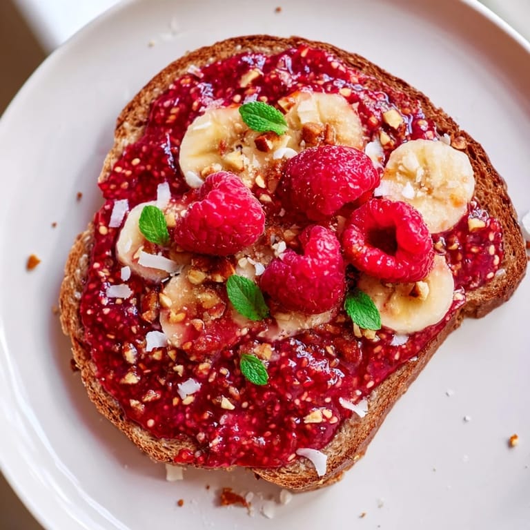 Fresh raspberries on top of homemade raspberry chia jam toast, offering a sweet and vibrant visual appeal.