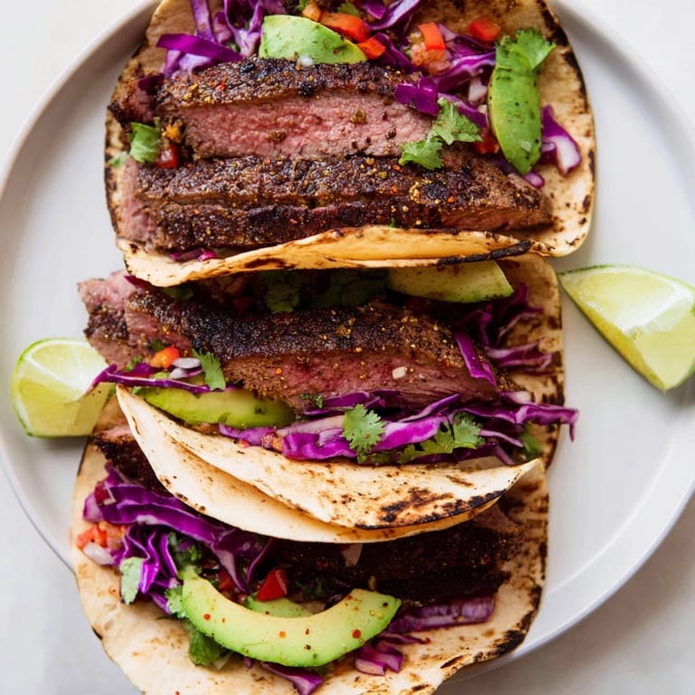 Savory Coffee-Rubbed Steak Tacos, showcasing tender grilled steak atop colorful, flavorful taco ingredients.