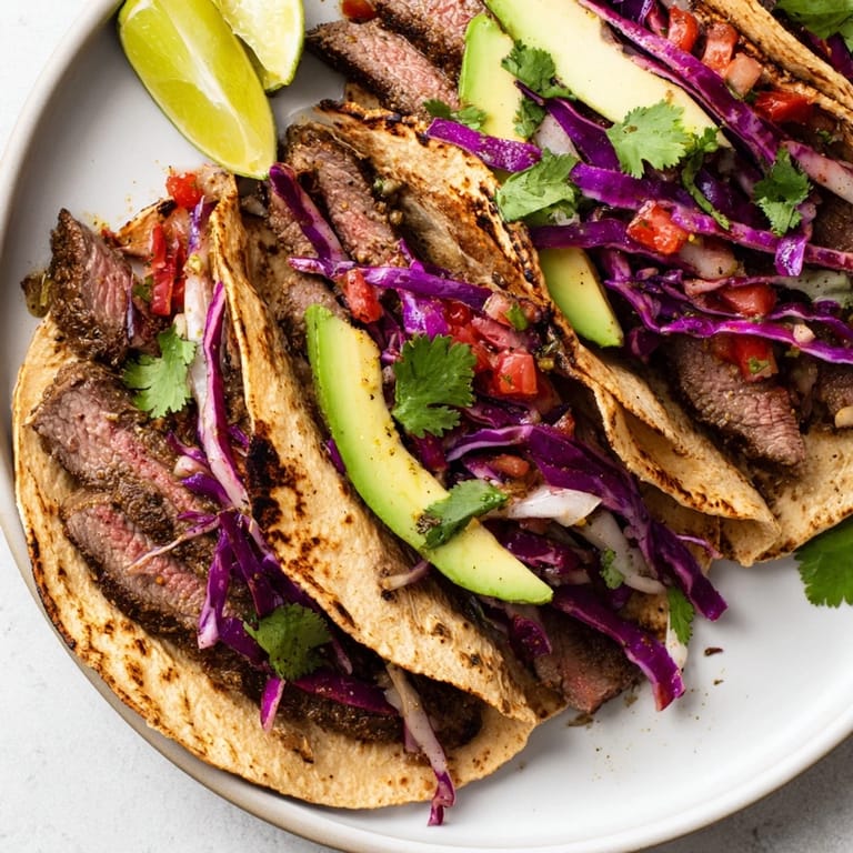 Visualize delicious Coffee-Rubbed Steak Tacos, a hearty meal with seasoned steak and vibrant garnishes.