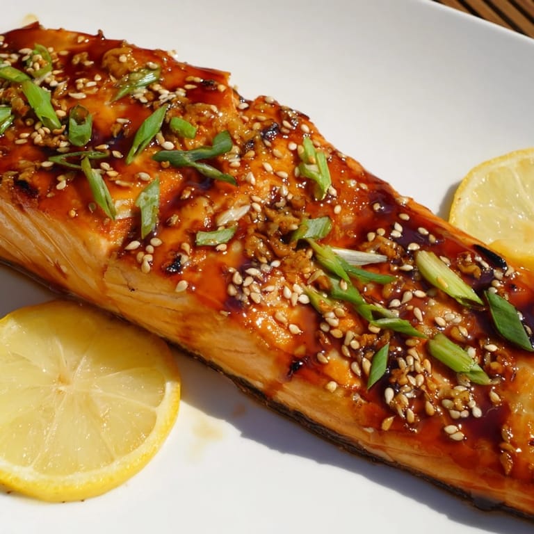 Delicious pan-seared ginger soy glazed salmon, with visible flaky texture, alongside a bed of rice.