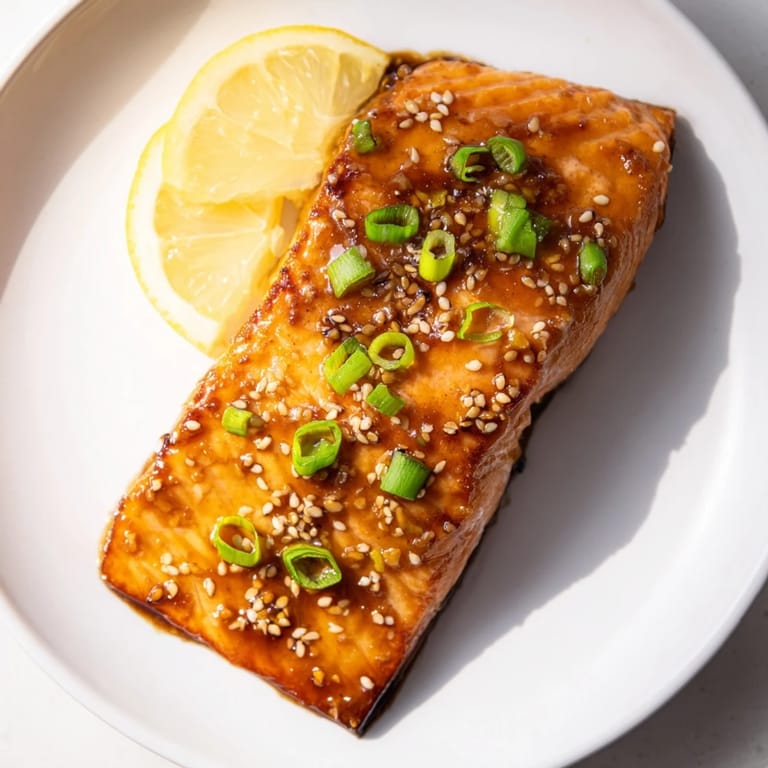 Close-up of tender ginger soy glazed salmon, garnished with green onions and sesame seeds, ready to eat.
