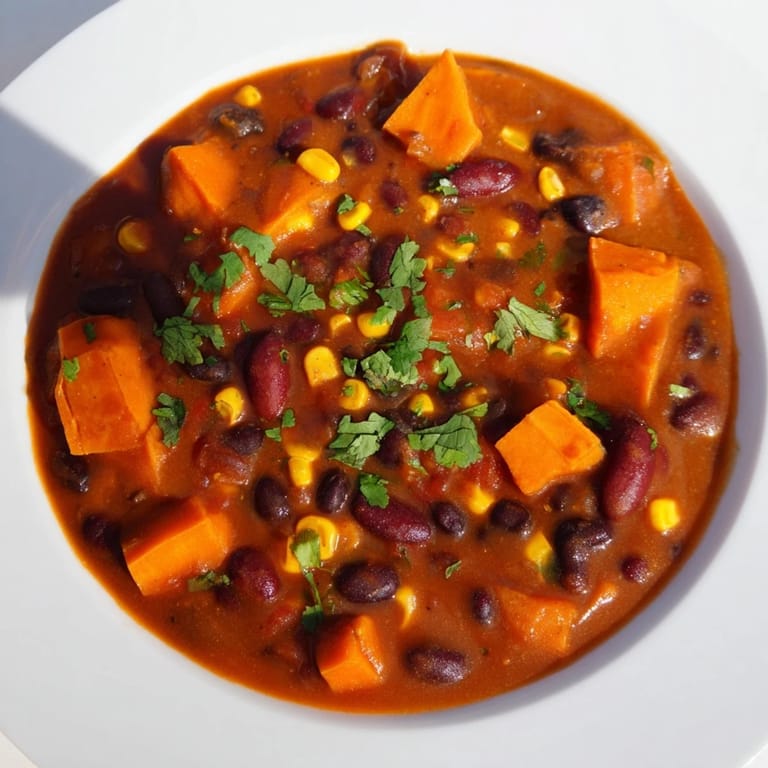 Close-up of a bubbling pot of Smoky Sweet Potato Chili, evoking the inviting, smoky flavors.