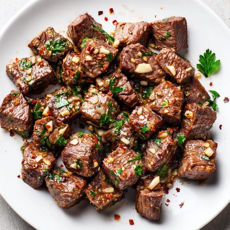 Close-up of juicy Garlic Butter Steak Bites tossed in a fragrant, melted garlic butter.