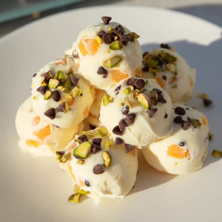 A close-up of delicious Frozen Peach Yogurt Bites, with chunks of peach visible in the frosty treat.