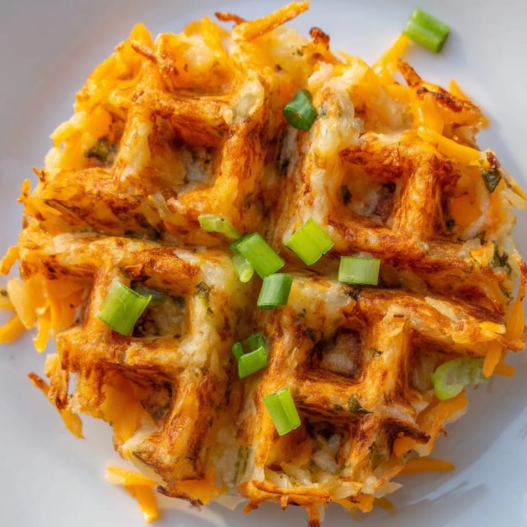 Steaming plate of savory Cheesy Hash Brown Waffles, cooked golden in a waffle iron, ideal for brunch.