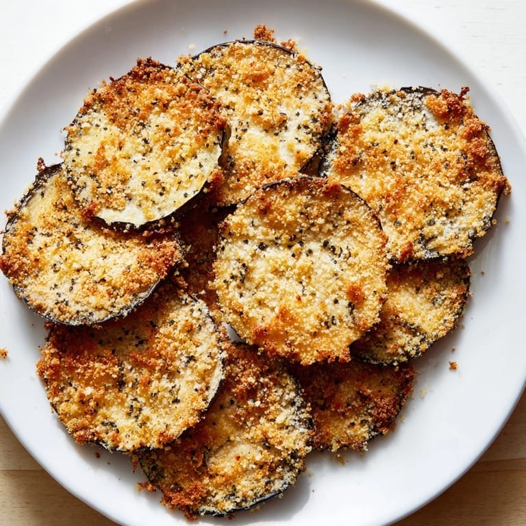 Oven-baked, crispy Eggplant Parmesan Chips offer a satisfying crunch with every herb-infused, cheesy bite.