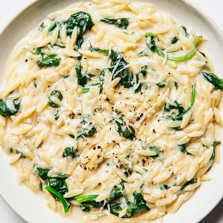 Hearty and satisfying, this vibrant spinach orzo recipe simmers with a rich, velvety sauce.