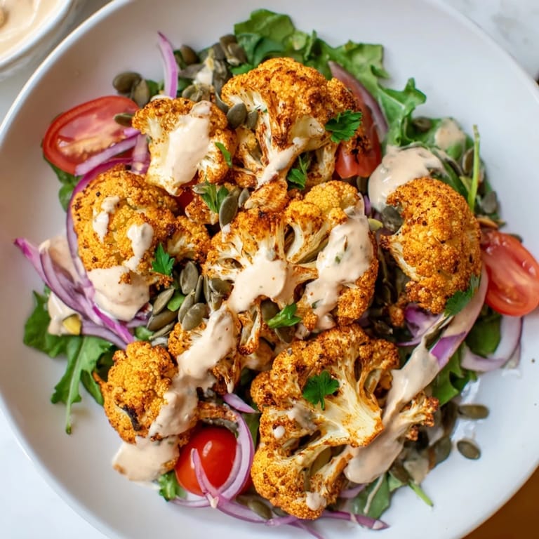 Close-up of a vibrant Crispy Cauliflower Salad with roasted florets, mixed greens, and a drizzle of tangy tahini.