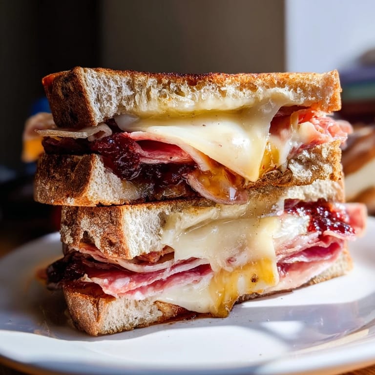 Crispy-edged, savory Charcuterie Grilled Cheese, showcasing perfectly melted cheese and cured meats inside.