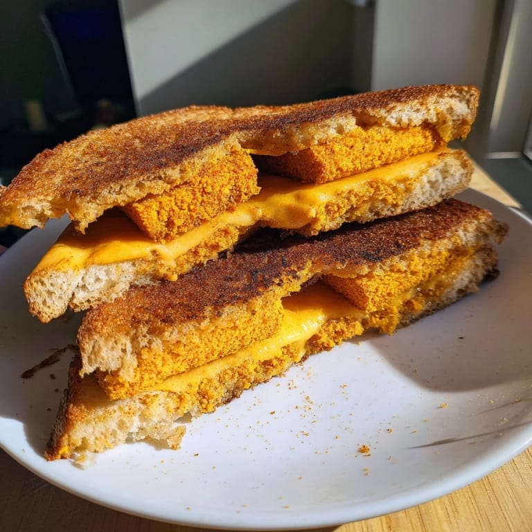 A close-up of a Spicy Crispy Tofu Grilled Cheese, offering a savory vegan delight with melted cheese.