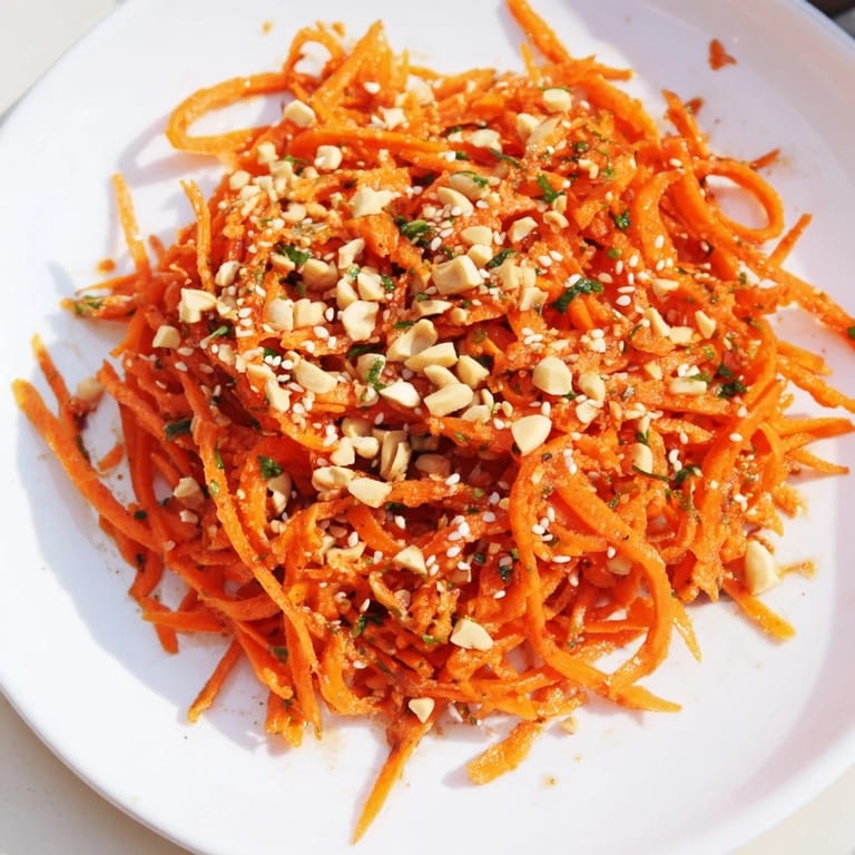 Freshly made Spicy Carrot Salad, a vegan delight with cilantro and a drizzle of sesame seeds.