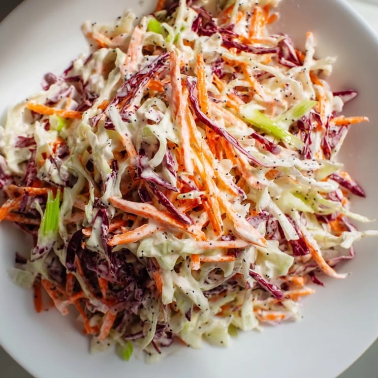 Freshly made quick coleslaw salad, ready to serve with a creamy, rich dressing for a picnic.