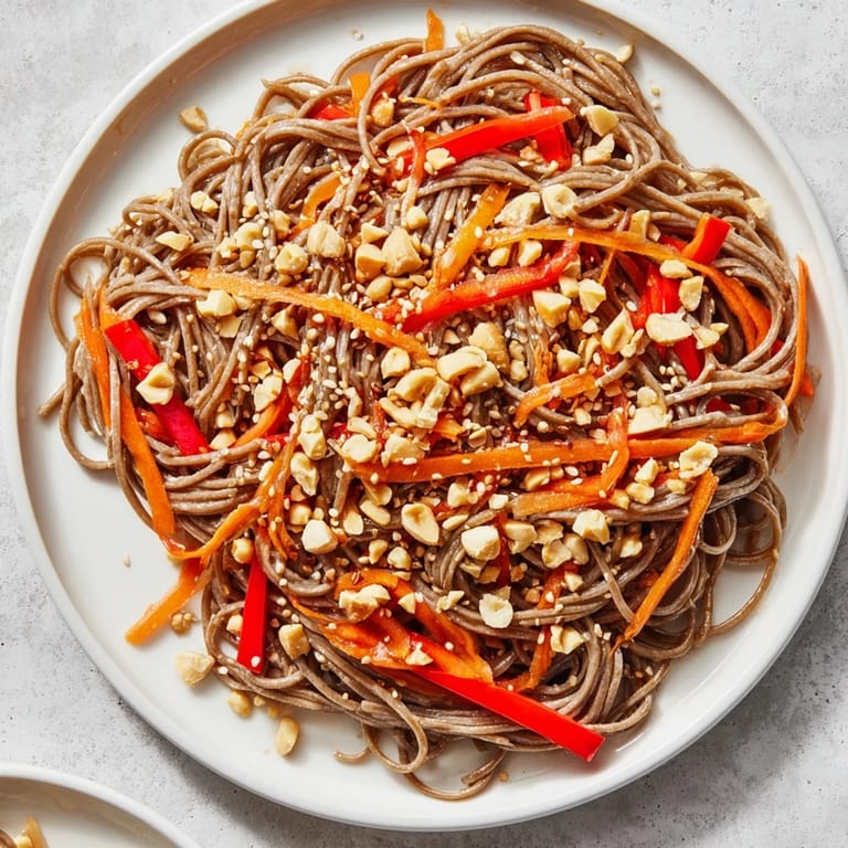 Vibrant Cold Noodle Salad, showcasing soba noodles, crunchy vegetables, and the creamy sesame-ginger dressing.