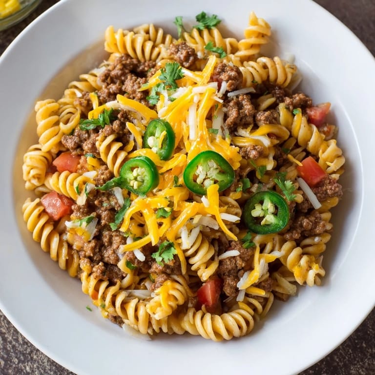 Warm, rich Beef Taco Pasta Skillet with cilantro garnish; a delightful, one-dish meal.
