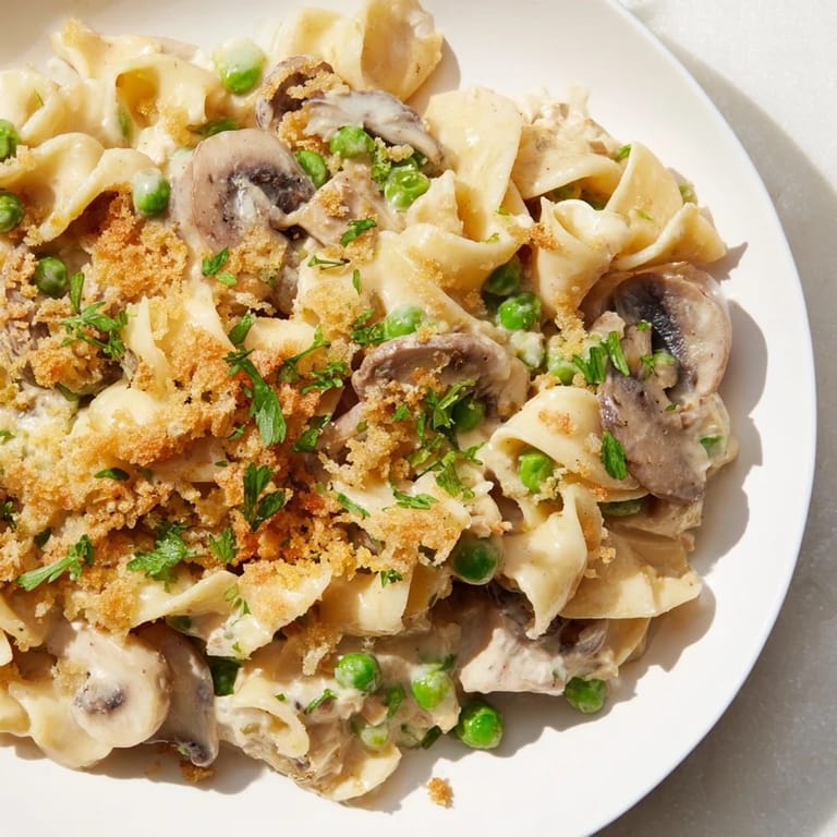 A close-up of a baking dish filled with homemade Tuna Noodle Casserole 2.0, ready to eat.