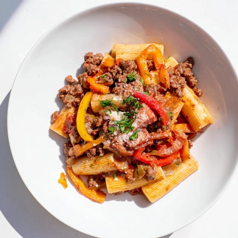 Deliciously plated Sausage and Peppers Pasta, ready to savor the rich Italian flavors.