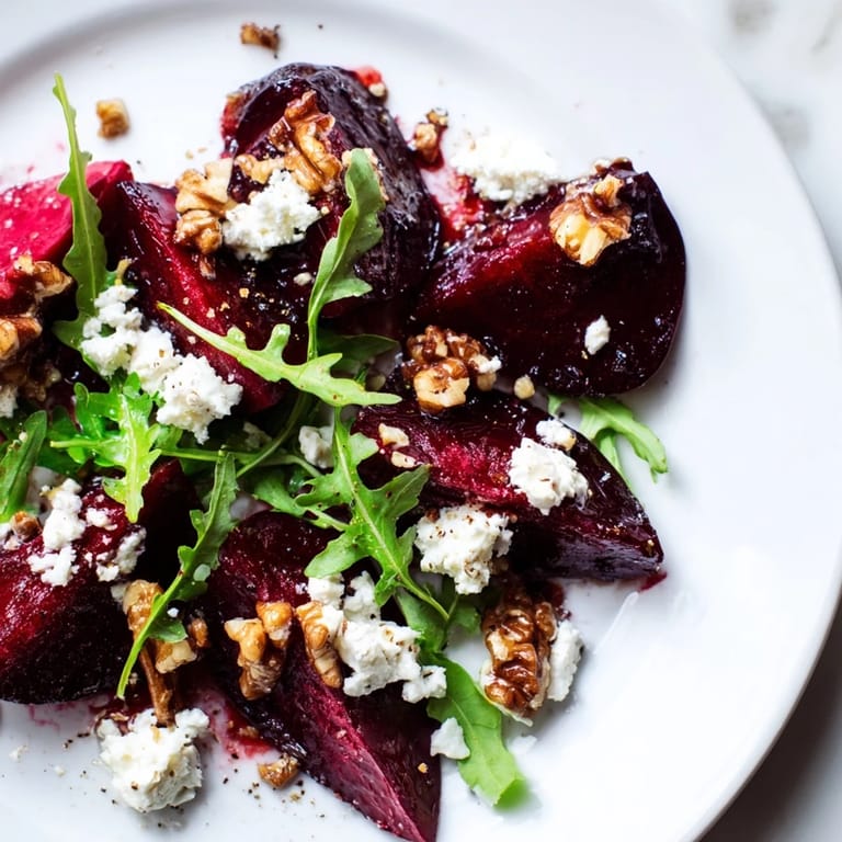 Freshly made roasted beet walnut salad: sweet beets with candied walnuts and tangy vinaigrette.