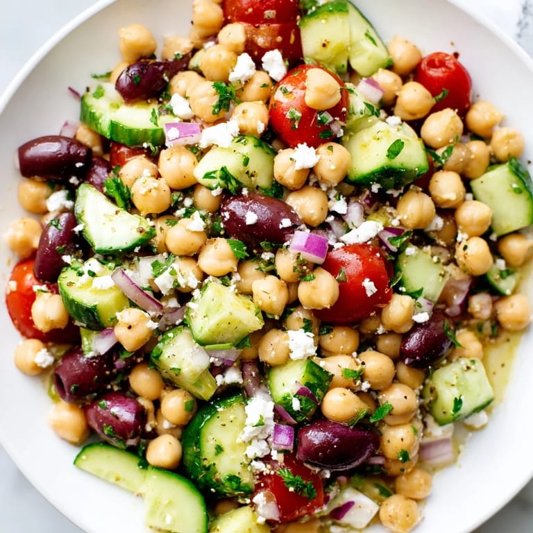 A refreshing close-up of the flavorful Mediterranean Chickpea Salad, perfect for a light vegetarian lunch.