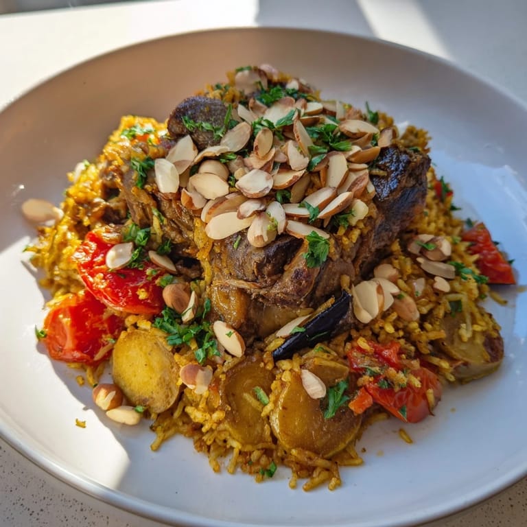 This comforting Palestinian Maqluba showcases tender lamb, flavorful rice, and roasted vegetables, ready to eat.